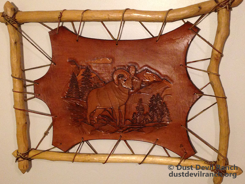 Tooled Leather Big Horn Sheep Stretched on Frame